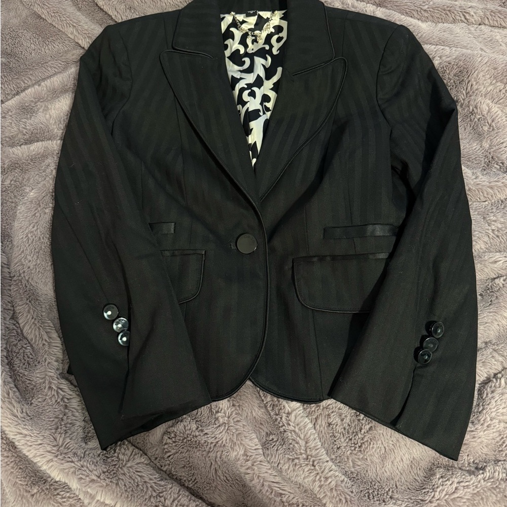 BEBE Women's Black Striped Blazer (semi cropped)